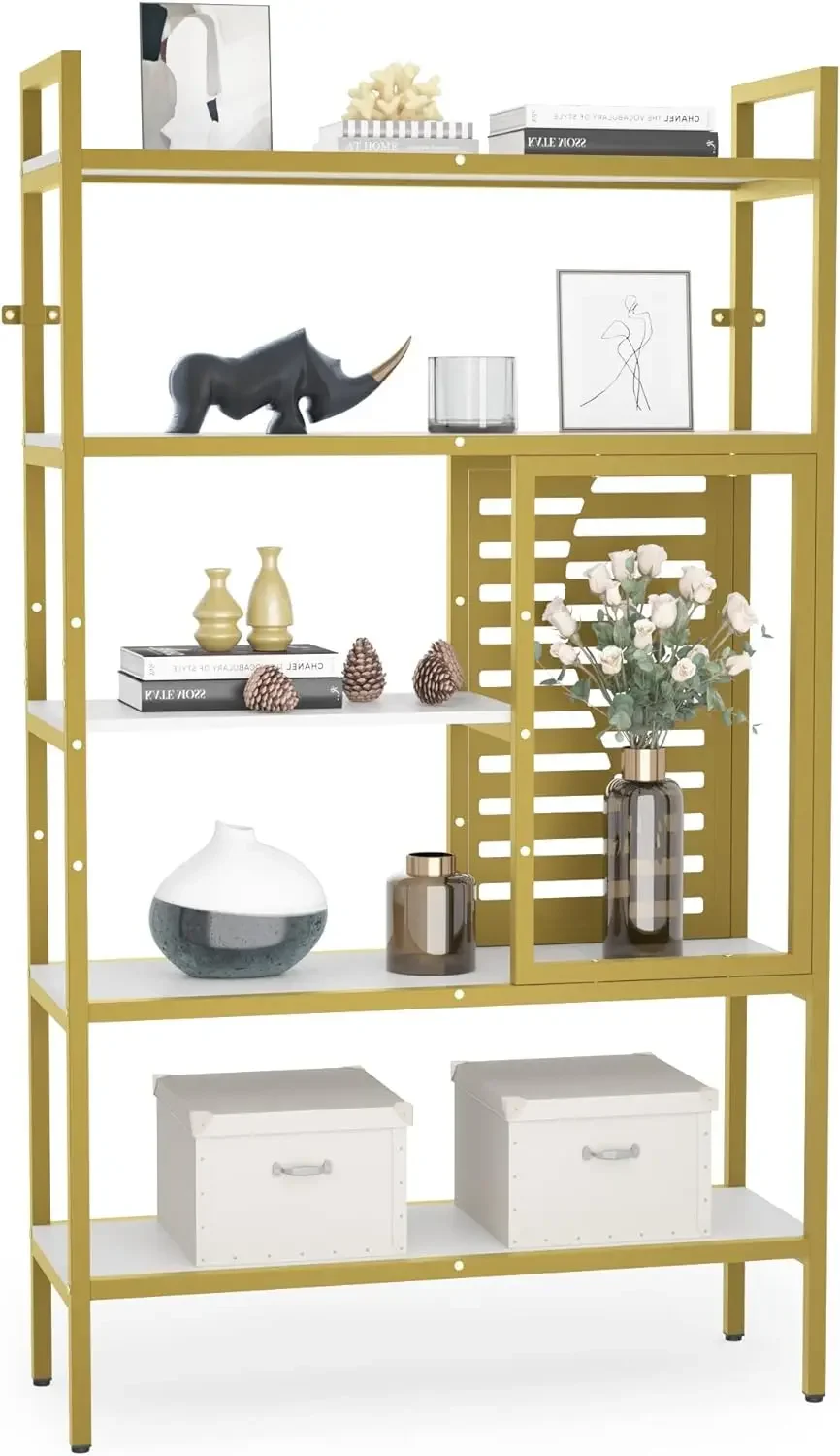 

5-Tier Adjustable Industrial Bookshelf, Wood and Metal Book Shelf, Tall Display Standing Shelves Open Etagere Bookcase