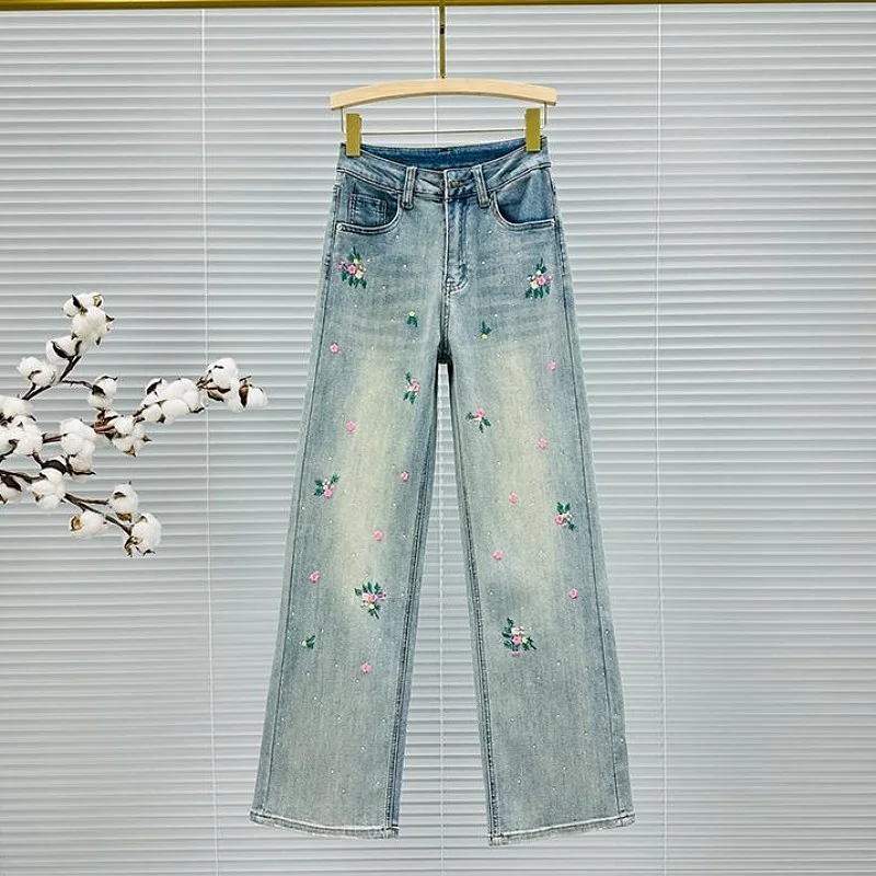 

Модные прямые широкие джинсы длиной до пола с высокой талией и вышивкой стразами, женские длинные брюки, весеннее новое поступление