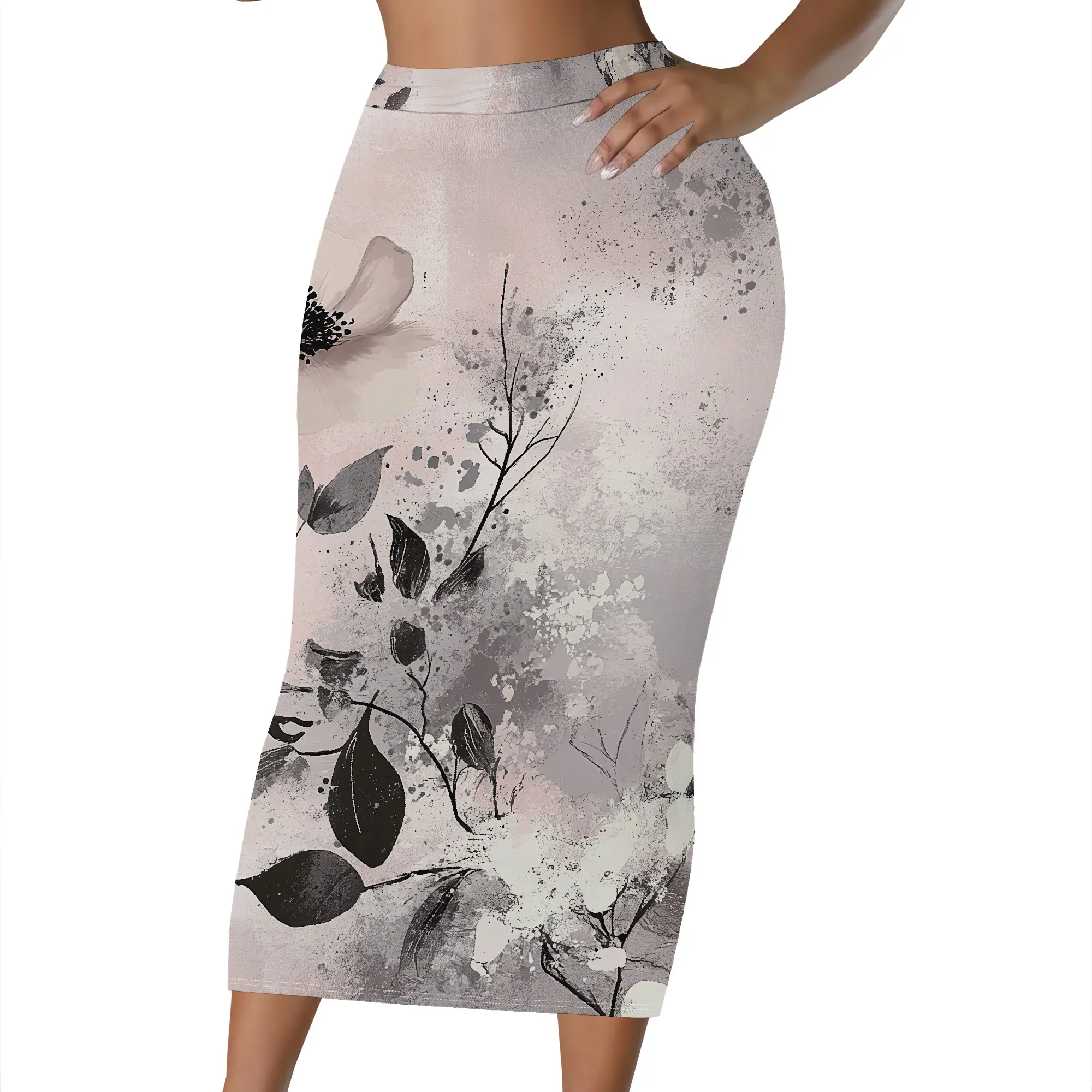 Blumenmuster Bleistiftrock, Orange-Blauer Midi-Rock, Hochtaillierter Bodycon-Rock, Elegante Bürokleidung, S-2XL – Detail 8