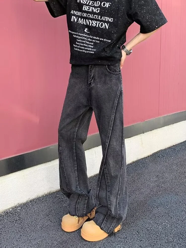 2025 Pantalon Y2Kแฟชั่นสีดําสีเทาSlimซ้อนกางเกงยีนส์กางเกงผู้ชายออกแบบเสื้อผ้าผ้าฝ้ายKpopยาวกางเกงPantaloni Uomo