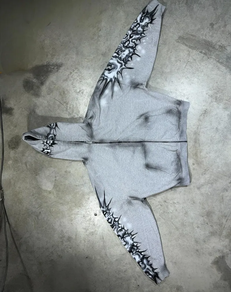 العصرية العلامة التجارية الهيب هوب Harajuku الرجعية المتضخم قلنسوة بسحاب النساء شارع العليا روك Y2K عادية مخطط طباعة فضفاض البلوز الرجال #2