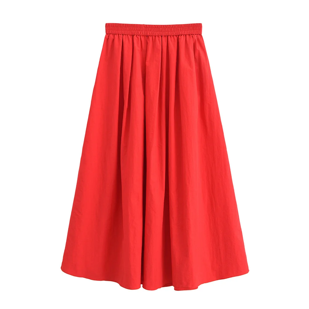 PB&ZA2024 Summer New Product Casual Women\'s Fashion Collar Short sleeved Shirt High Waist Wide Swing Midi Skirt Set