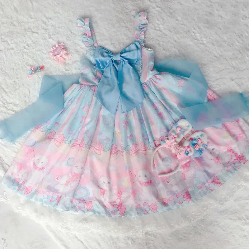 CyJapanese dulce Kawaii Jsk vestido de Lolita victoriano Vintage mujeres sin mangas Bowknot princesa vestidos de fiesta sueño gato estampado niñas