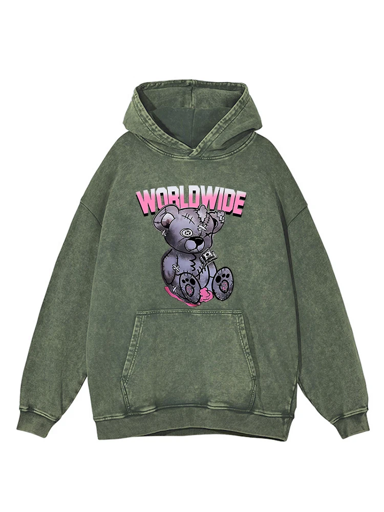 Cartoon Puppet Bear Printing Women Washed Hoodies Fashion Comfortable Hoodie Warm Cotton Hoody Autumn Versatile Female Clothing