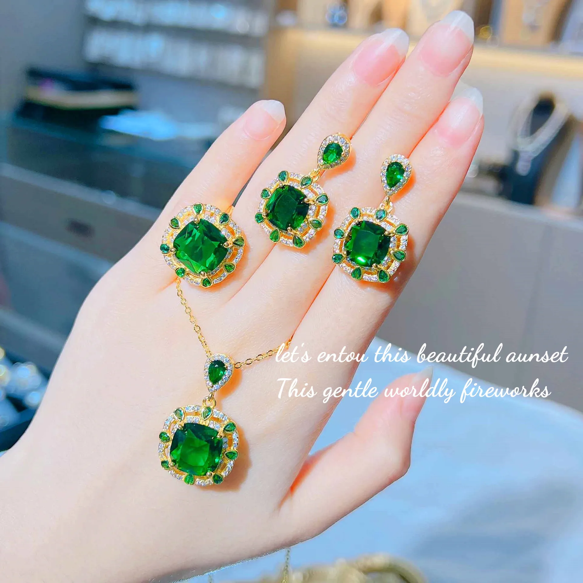Foydjew New Design Gold Color Wedding Jewelry Sets Simulation Padparadscha Fanta Orange Stone Pendant Necklaces Earrings Rings