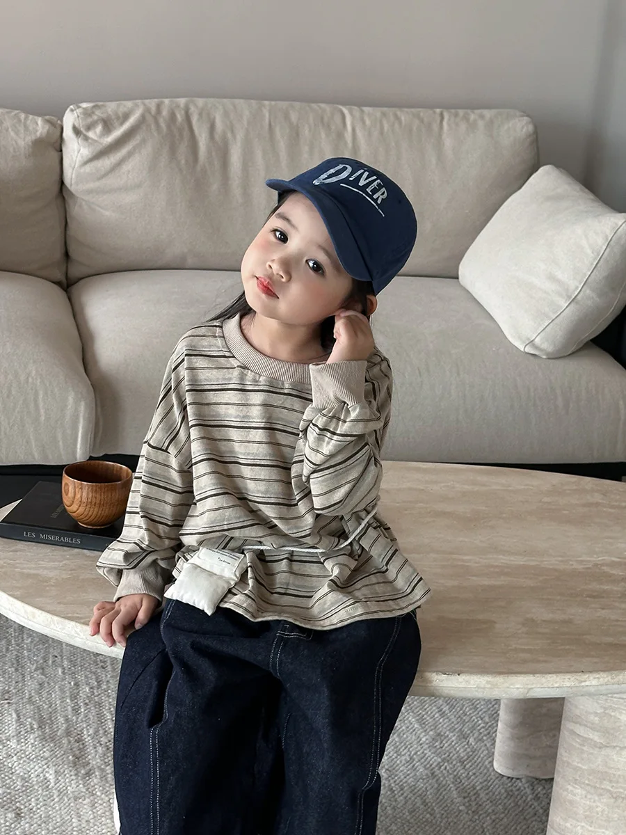 2025 outono novas crianças listradas de manga comprida camiseta meninos e meninas camisa de fundo simples