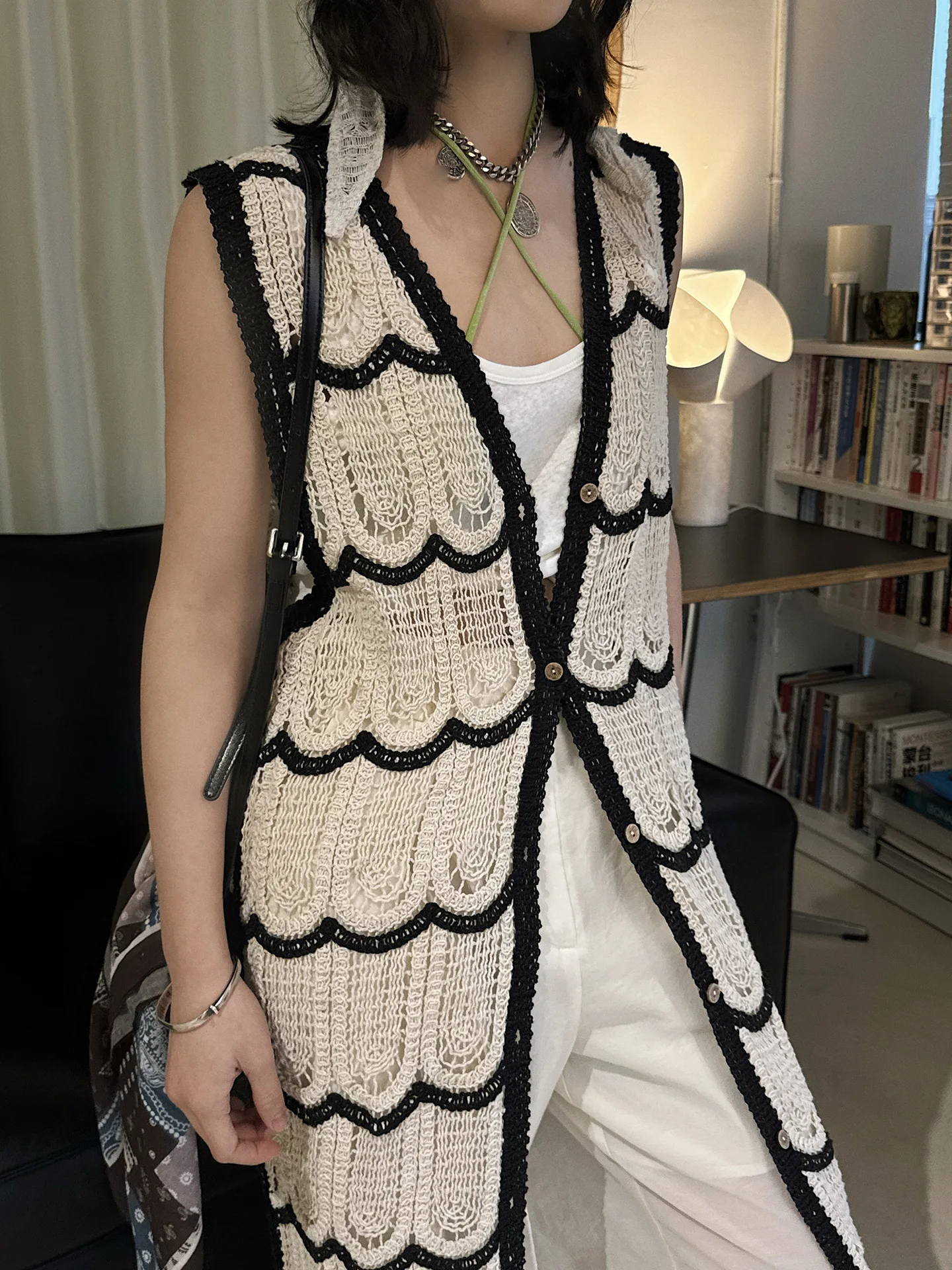 

Sleeveless Crochet Long Cardigan Bohemia Cotton Contrast Lace Sweater