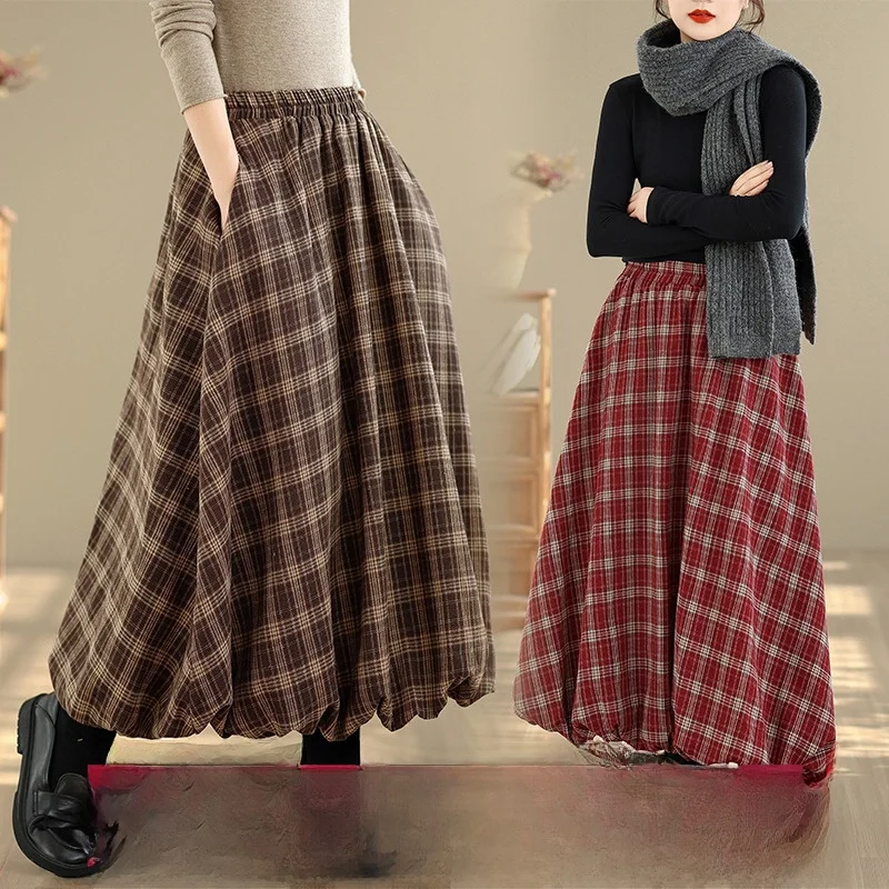 

Retro High Waist Midi Skirt Autumn Winter Plaid f-length Women's Skirt with kets A-line Commuter Sle Casual Cotton Po...