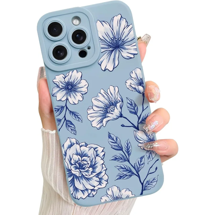 

Синий цветочный узор с принтом, мягкий защитный чехол из ТПУ с полным объективом камеры для iPhone 16 Pro с защитой от падения и царапин