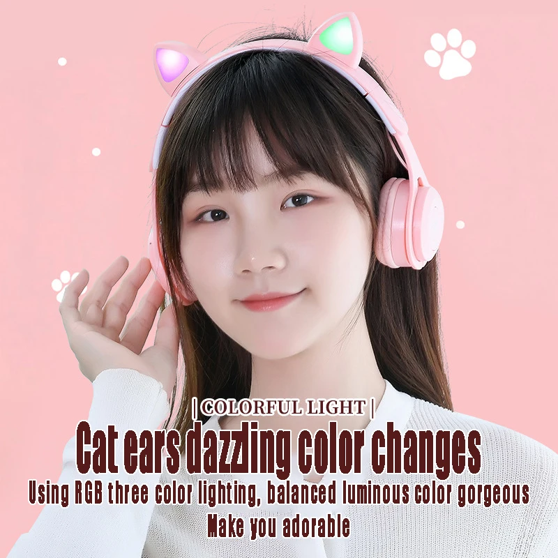 New Cat's Ears (Steamed Cat-ear Shaped Bread) Light Emitting Headworn Bluetooth Headset WirelesswithFMPluginCardColorfulLEDLight