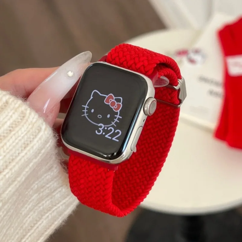 산리오 헬로 키티 애플 워치 밴드용 마그네틱 스트랩, 아이워치 시리즈 울트라 9 용 나일론 직조 스포츠 팔찌, 45mm, 38mm, 49mm, 40mm