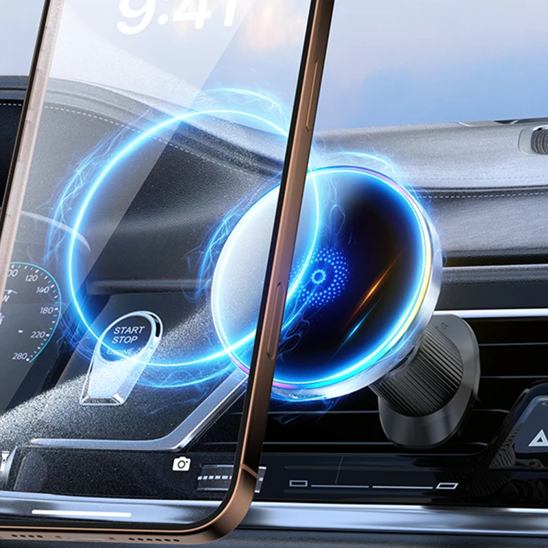 

Автомобильное магнитное беспроводное зарядное устройство 15 Вт с RGB-подсветкой, кронштейн для мобильного телефона для Magsafe iPhone 17, 16, 15, 14, 13, 12, 12 Pro Max, станция быстрой зарядки
