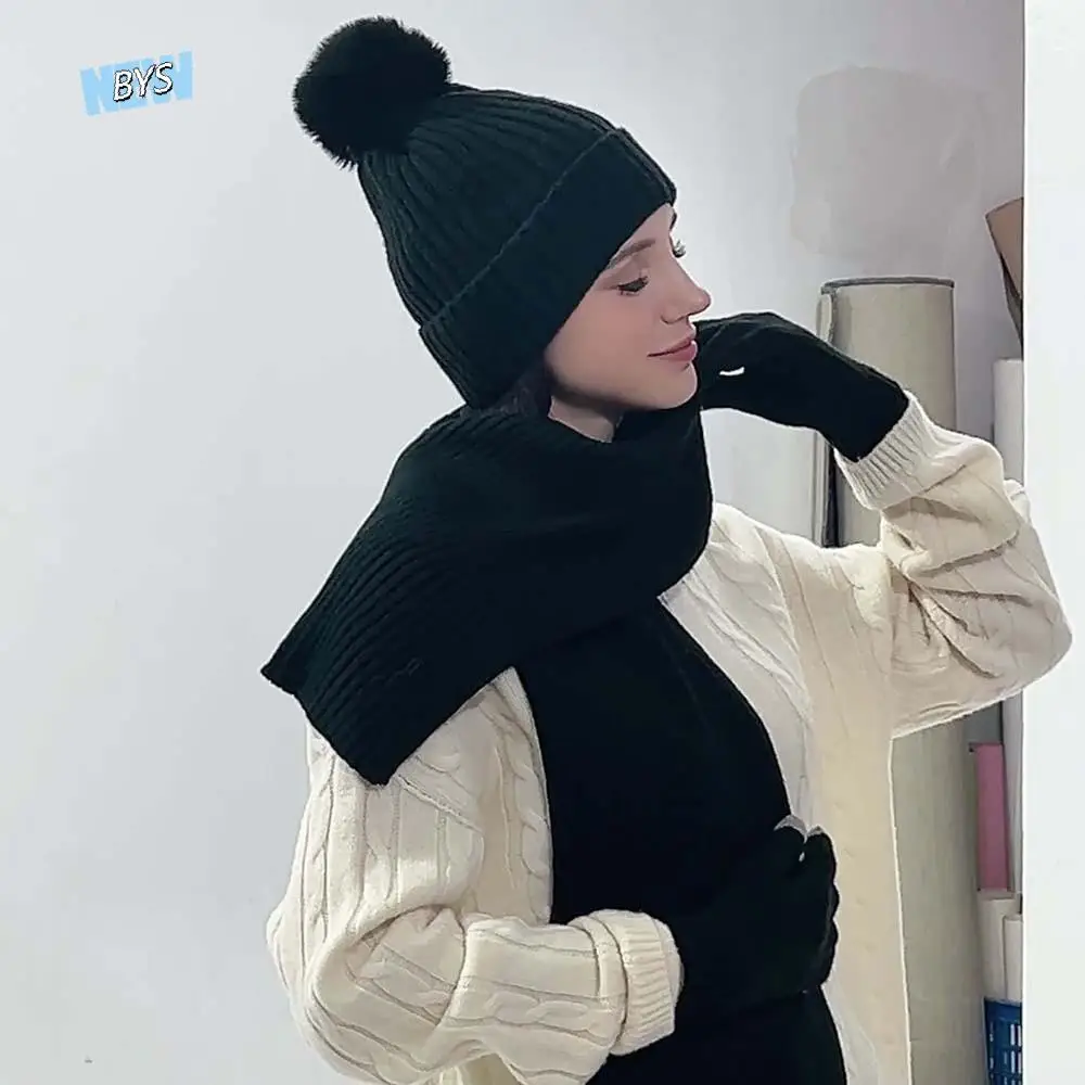 

Versatile Elastic Scarf and Hat Set Touch Screen Warmer Mittens Cold Proof Gloves Acrylic Fibers Solid Color Pullover Cap Men