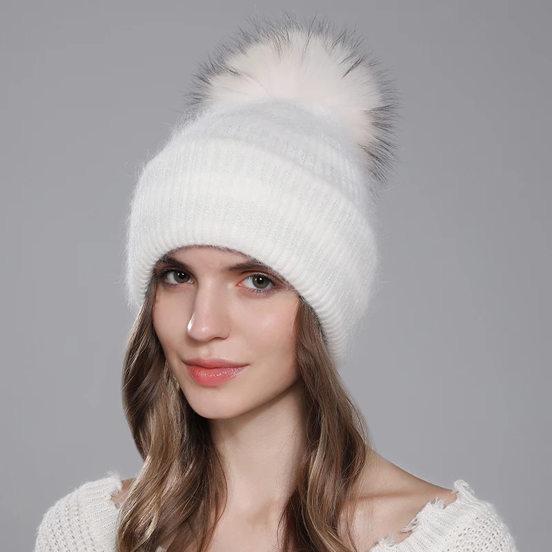 CNTANG Hat For Women Angora Rabbit Fur Beanies With Natural Raccoon Fur Pompom Hats Winter Knitted Warm Silver Wire Female Cap