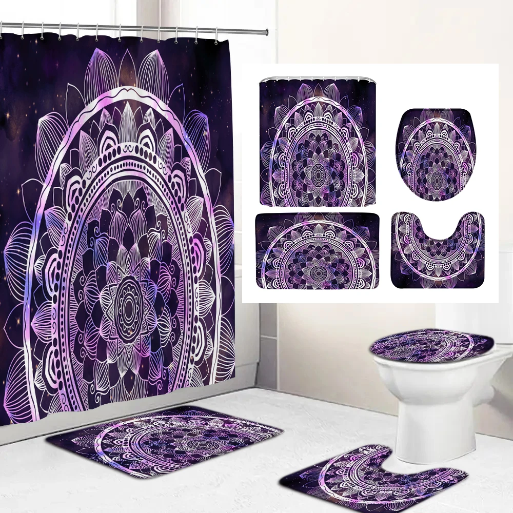 Bohemian Mandala style Bath Mat and Shower Curtain Set with Hooks Bath Rugs Anti Skid Bathroom Carpet Toilet Foot Pad Bath Mat