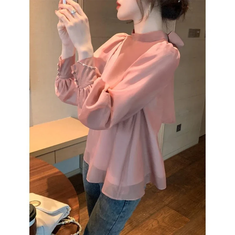 French Long Sleeved Chiffon Shirt for Women New Retro Bubble Sleeves Versatile Shirt for Both Front and Back Wear