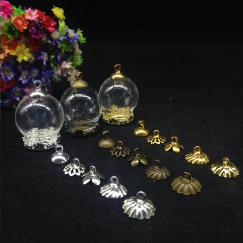 

500sets/lot 20*15mm Glass globe crown base glass vial pendant necklace jewelry DIY glass ing bottle pendant glass dome cover