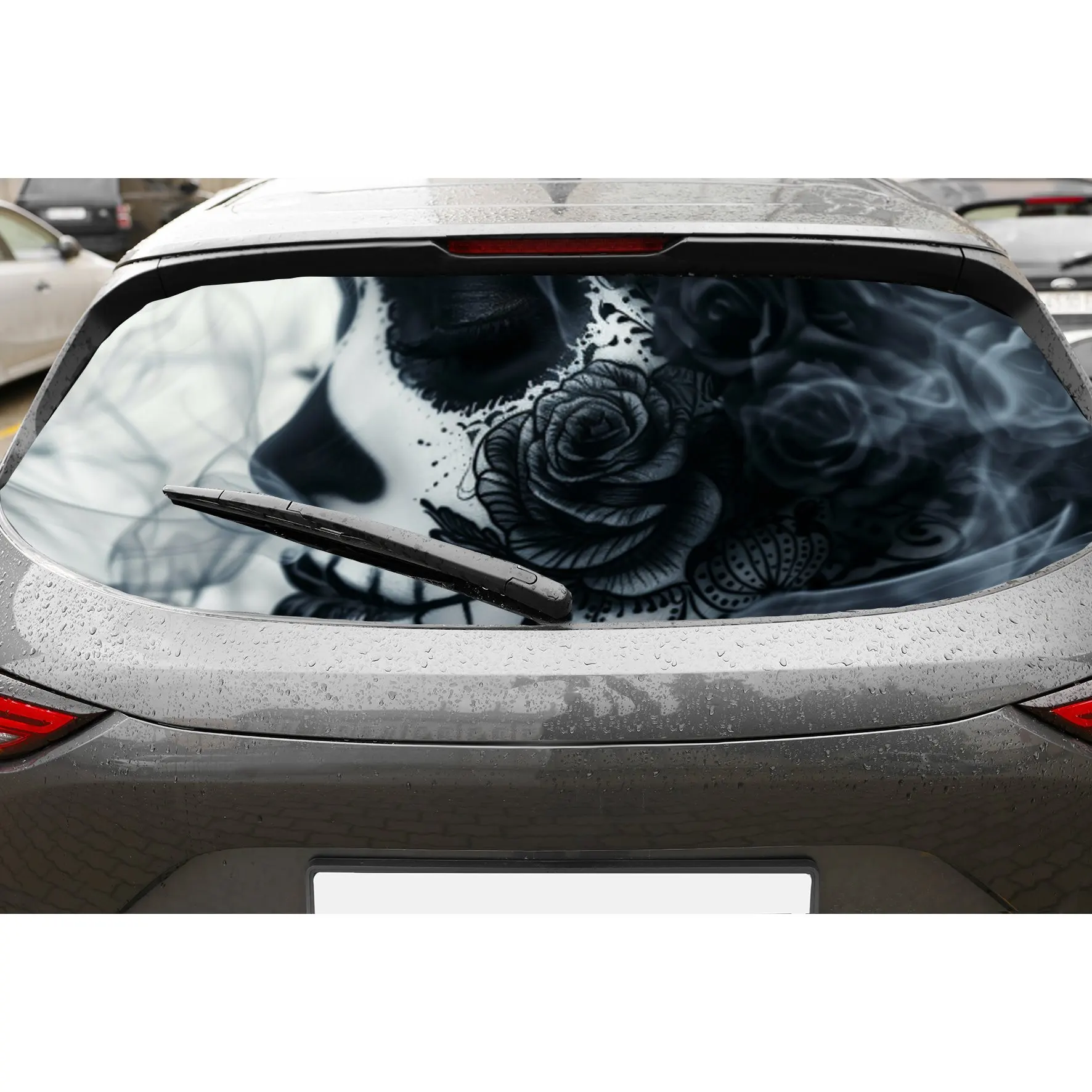

Череп с черными розами и дымчатыми виниловыми обертками на заднее окно автомобиля, водонепроницаемые самоклеящиеся виниловые обертывания для автомобиля, защита поверхности, Pers