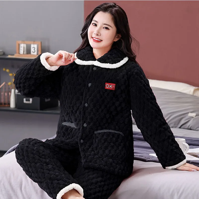 

2024 New Women Winter Pajama Thickened Velvet Scarab Velvet Loungewear Warm Three-layer Cotton Sleepwear Autumn Flannel Homewear