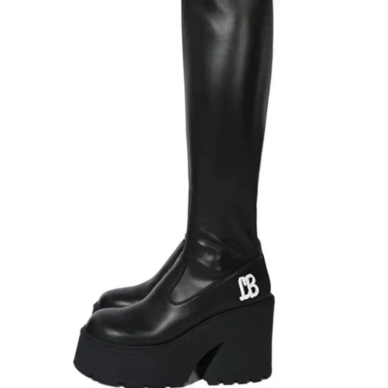 Women Boots Brand Gothic Boot for Womens Sexy Chunky Platform Soft Leather Long Boots Walking Comfy Sole Boots Women