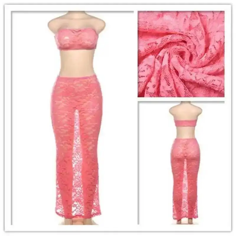 Avrilyaan Prospettiva in pizzo Party sexy Top corto senza spalline in due pezzi e gonne midi Set da 2 pezzi Abiti estivi da donna 2024