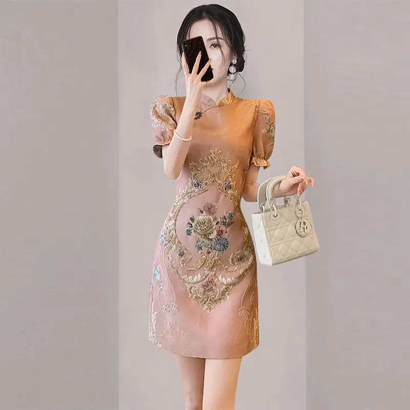 2024 chinese style improved cheongsam dress vintage style women's dress chinoiserie retro embroidery a-line skirt floral qipao