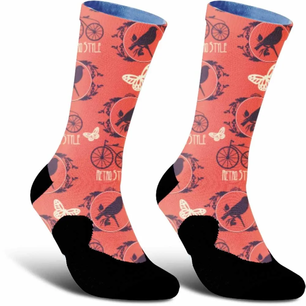 Creative butterfly and bicycle pattern sports riding socks, fashionable trend, unisex, sweat absorbing, durable, breathable