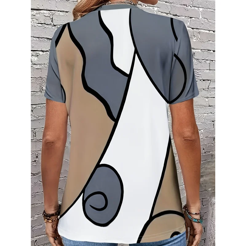 2026Women's Abstract Geometric Art Print Loose Short SleeveTShirt - Modern casual round-neck top