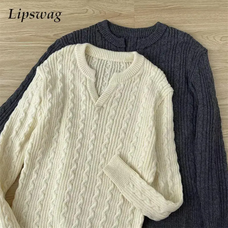 

Trendy Mens V Neck Knit Jumper Tops 2026 Spring Fall New Casual Long Sleeve Sweaters Men Knitwear Stylish Twist Jacquard Sweater