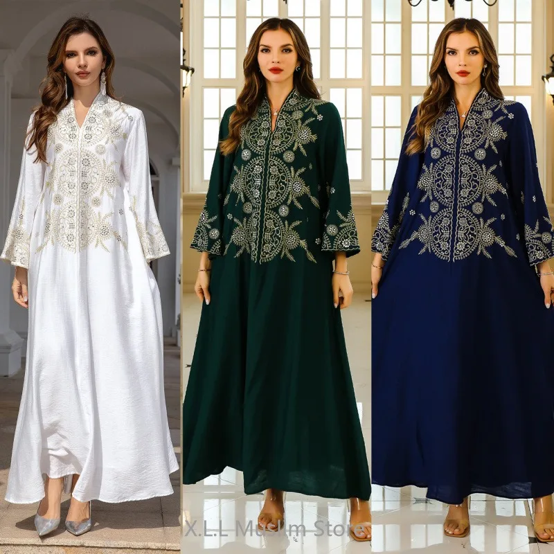 

Modest Muslim Embroidered Eid Muslim Party Dress Islamic Kebaya Abaya Dubai Luxury V-Neck Loose Elegant Robe Femme Musulmane