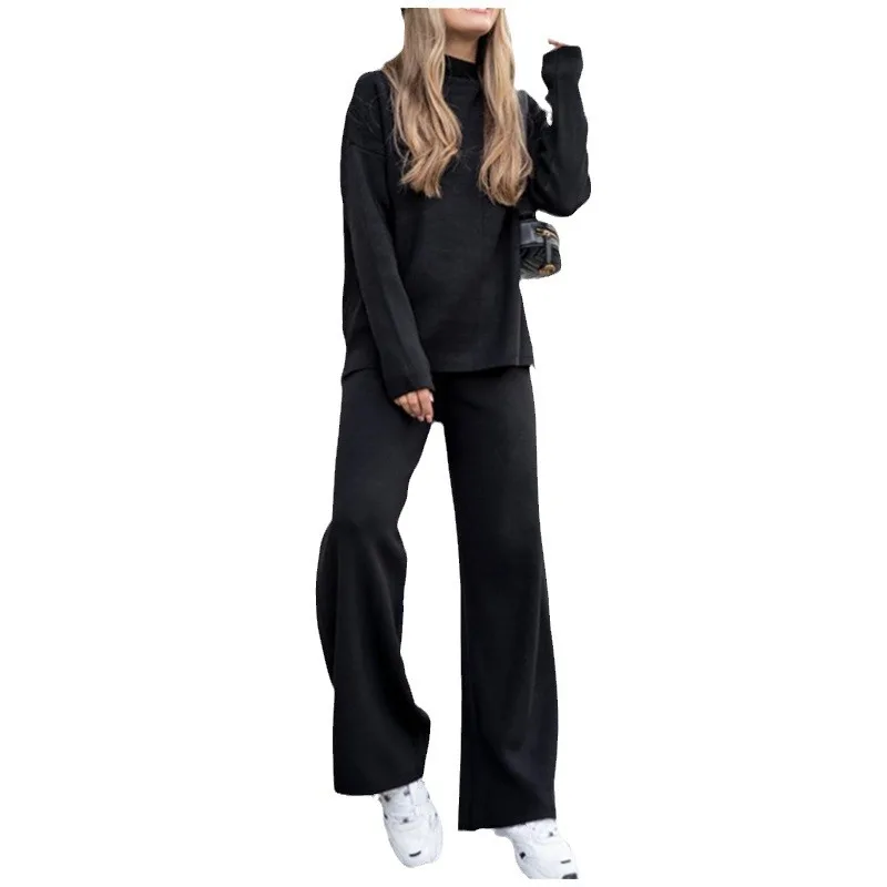 Two Piece Sets Women Knit Suit Stand Neck Full Sleeve Sweaters Midi Waist Loose Long Pants Set Autumn Splice Casual Suits