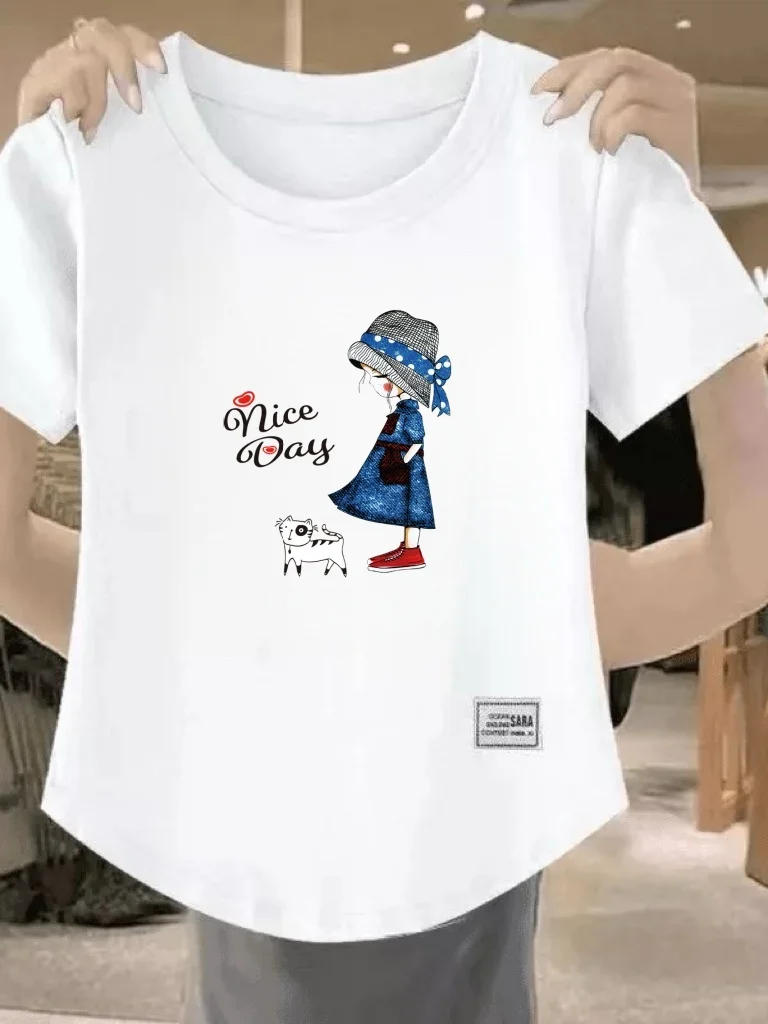 

Женская футболка с коротким рукавом и мультяшным принтом, облегающая, модная, повседневная, из полиэфирного волокна, с круглым вырезом, стандартной длины