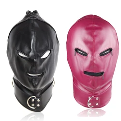 Adult Sexy Black PU Leather Head Bondage Hood Mask Men Cosplay Party Costume Head Cover Zipper Open Eyes Nightclub Accessories