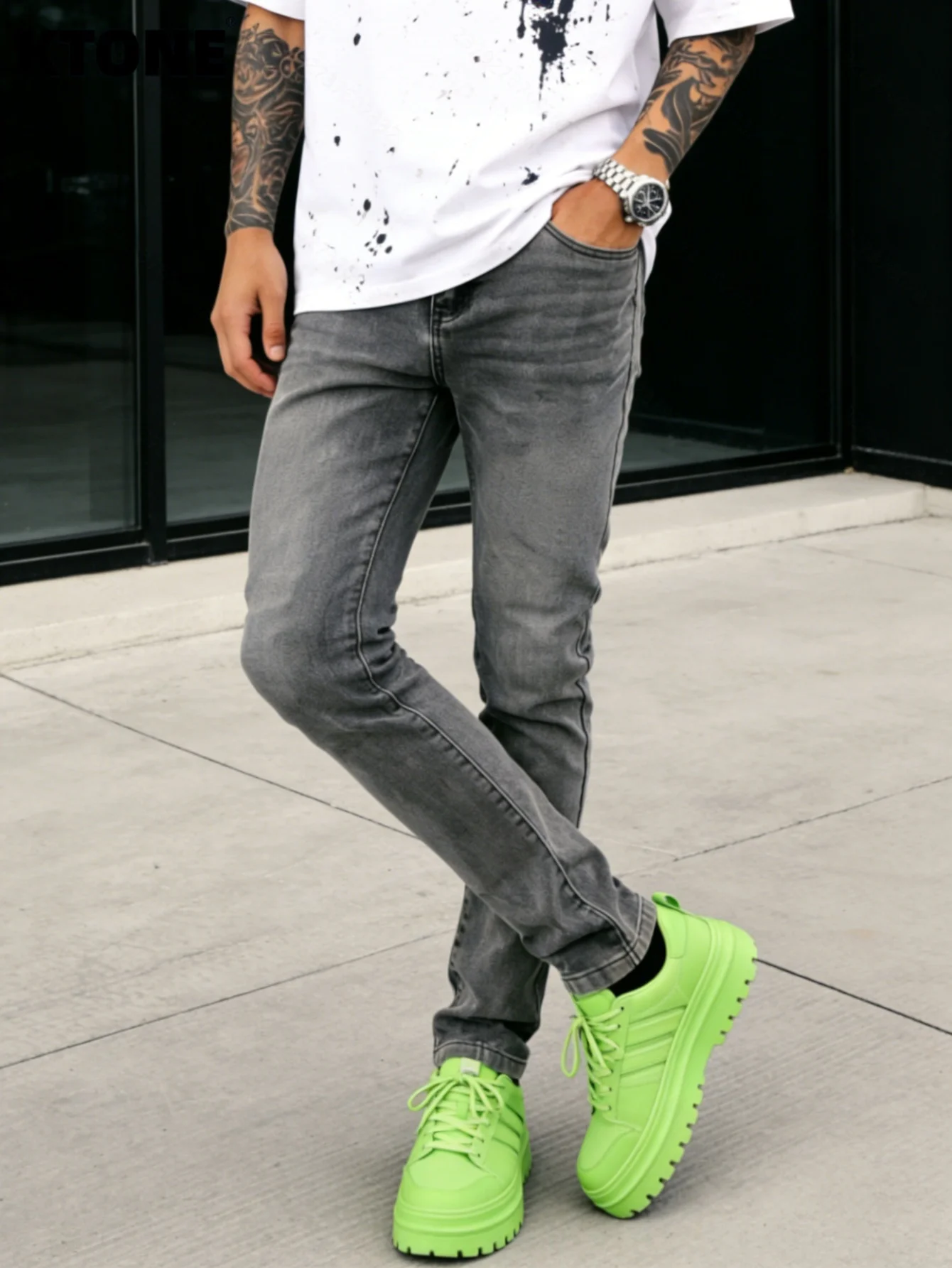 

Men's Gray Slim Jeans Pants Light Retro For Dating Y2K Original Drip Denim No accessories or belts included