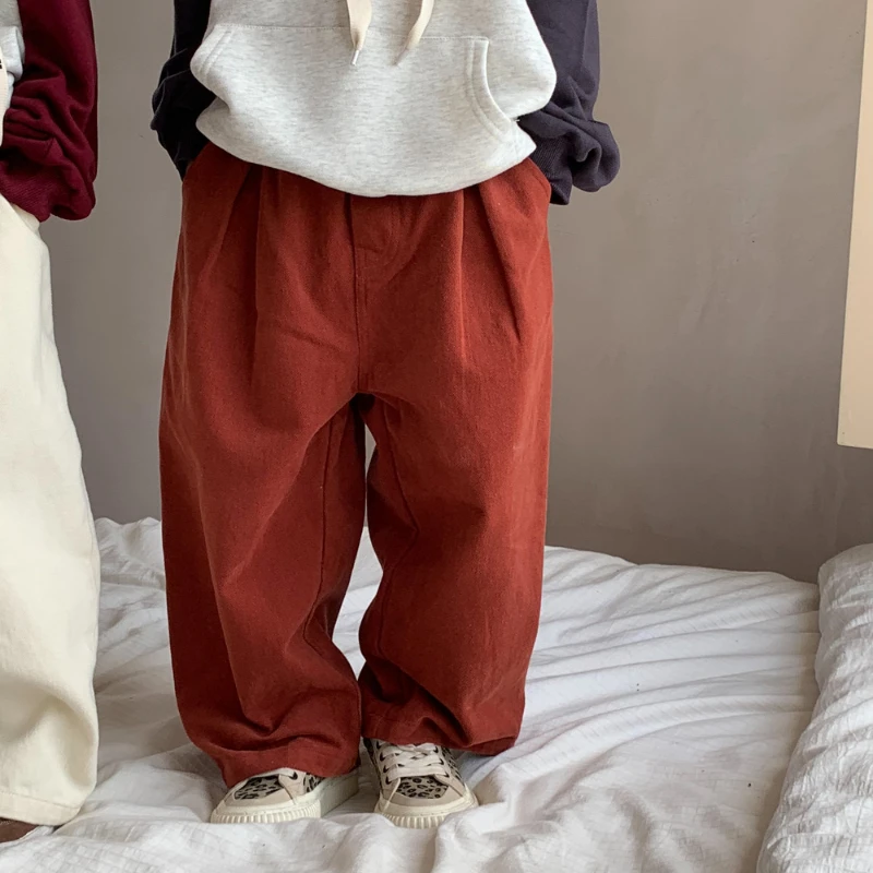 سراويل قطنية مستقيمة فضفاضة للأطفال ، سراويل غير رسمية ، أحادية اللون ، زر واحد ، أولاد وبنات ، كوري ، ربيع ، خريف ، جديد