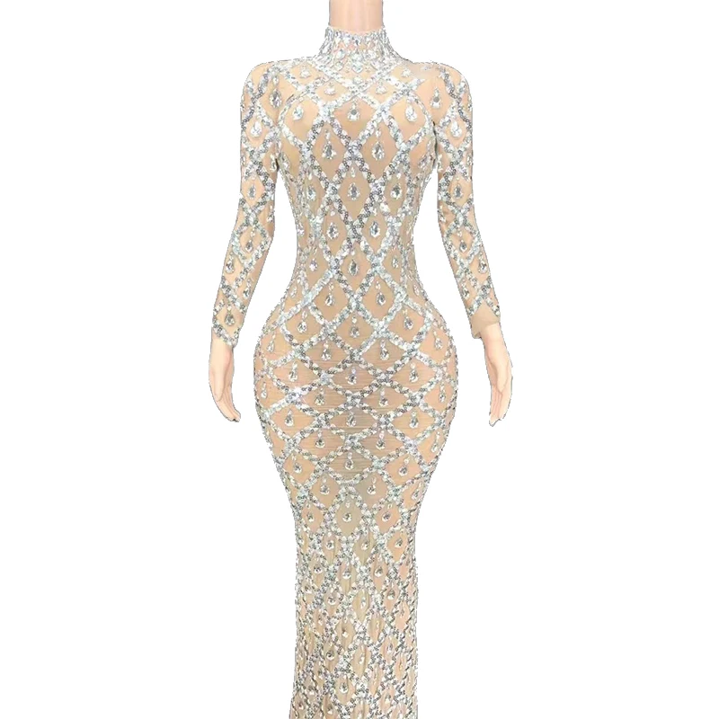 

Rhinestone Women Sexy Sparkly Crystal Sequin Mesh Long Dress Evening Prom Party Birthday Transparent Show Stage Wear