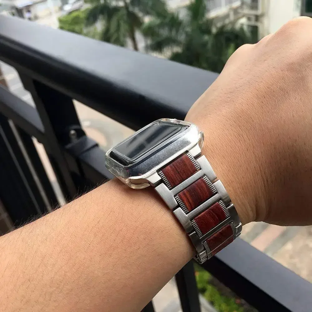 Wooden Metal Bracelet For Apple Watch Band Ultra 49mm 8 7 41 45mm 38 42 44mm 40 Wood Stainless Steel Strap For iWatch 6 543 SE