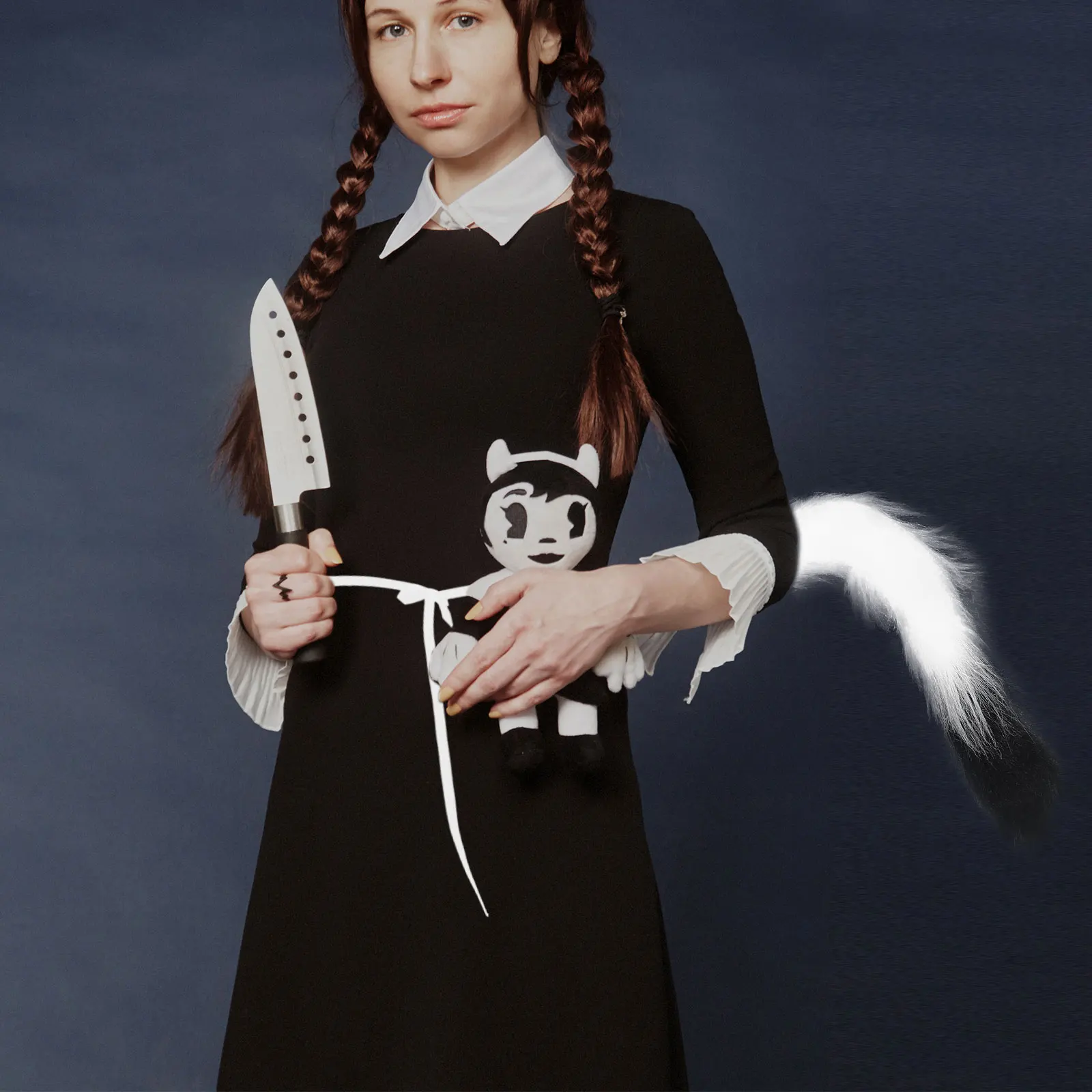

1Pc Durable Light Weight Cat Tail Costume Halloween Party Cosplay Accessory White Black Fluffy Decor
