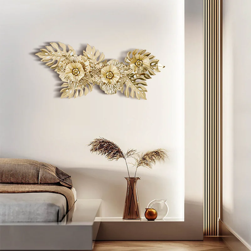 52x21cm Metal Wall Art Gold Flower Leaf Wall Sculpture Nordic Living Room Bedroom Background Hanging Decor Ornament