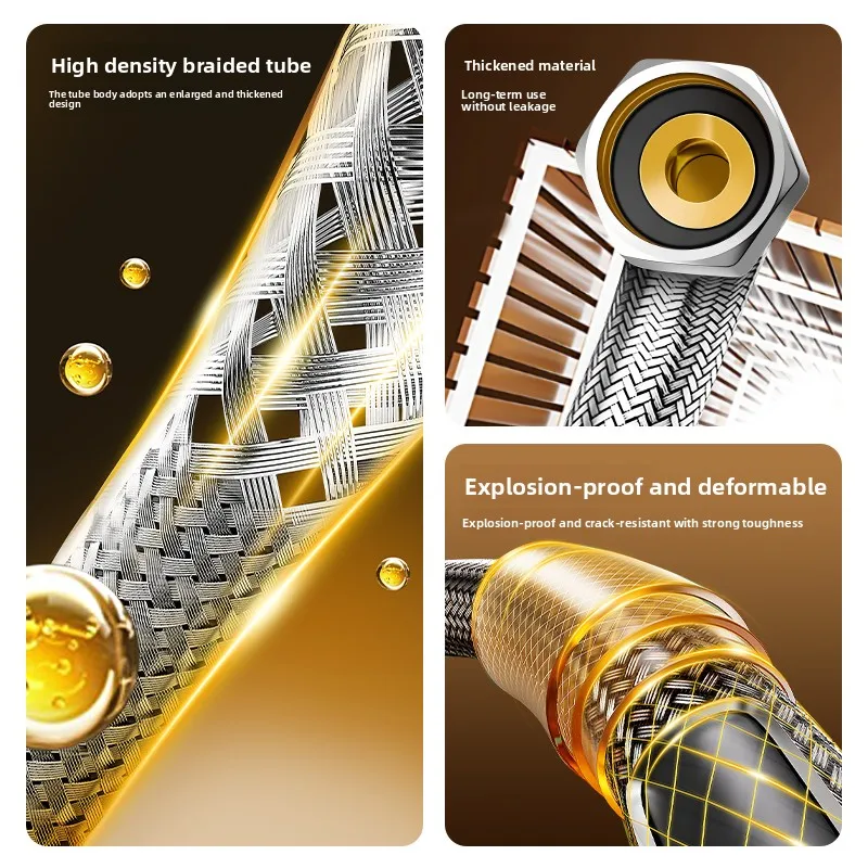 خرطوم صنبور مضفر 304 SS - مقاوم للانفجار، مانع للتسرب، صامولة ثقيلة، موصلات ساخنة/باردة قابلة للانحناء، ذهبي/فضي