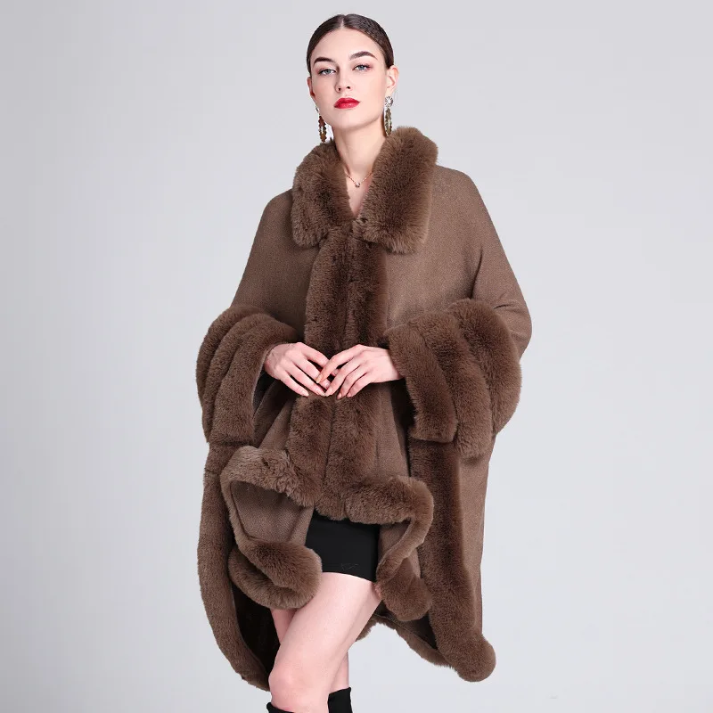 

8 Colors 2024 Women Batwing Sleeve Cloak Big Pendulum Loose Overcoat Winter Warm Three Circles Rabbit Fur Sleeves Poncho Cape