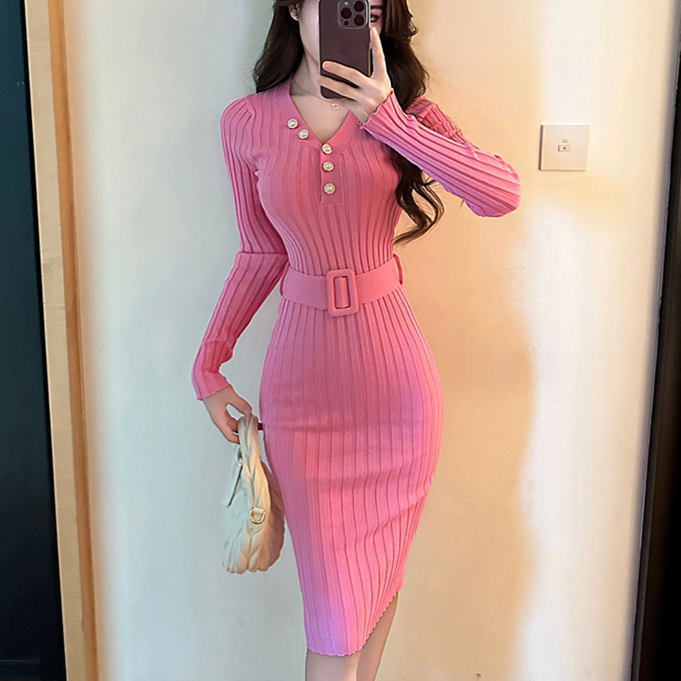 YuooMuoo Chic Fashion Sexy Package Hips Rib Knitted Bodycon Dress 2024 Autumn Winter Elegant Peal V-neck Sweater Dress with Belt