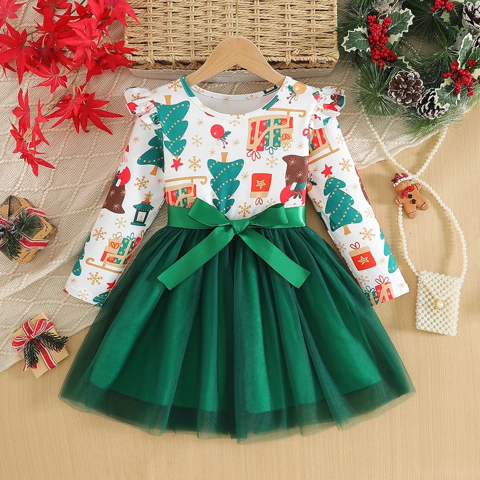 

Baby Girls Autumn Princess Dresses Kids Christmas Style Tree Print Mesh Dress Child Navidad Party Ball Gown Bow Skirt Clothes