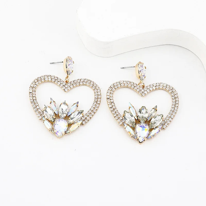 Fashion creative light luxury super flash water drop geometric love diamond-set crystal earrings hollow design earrings