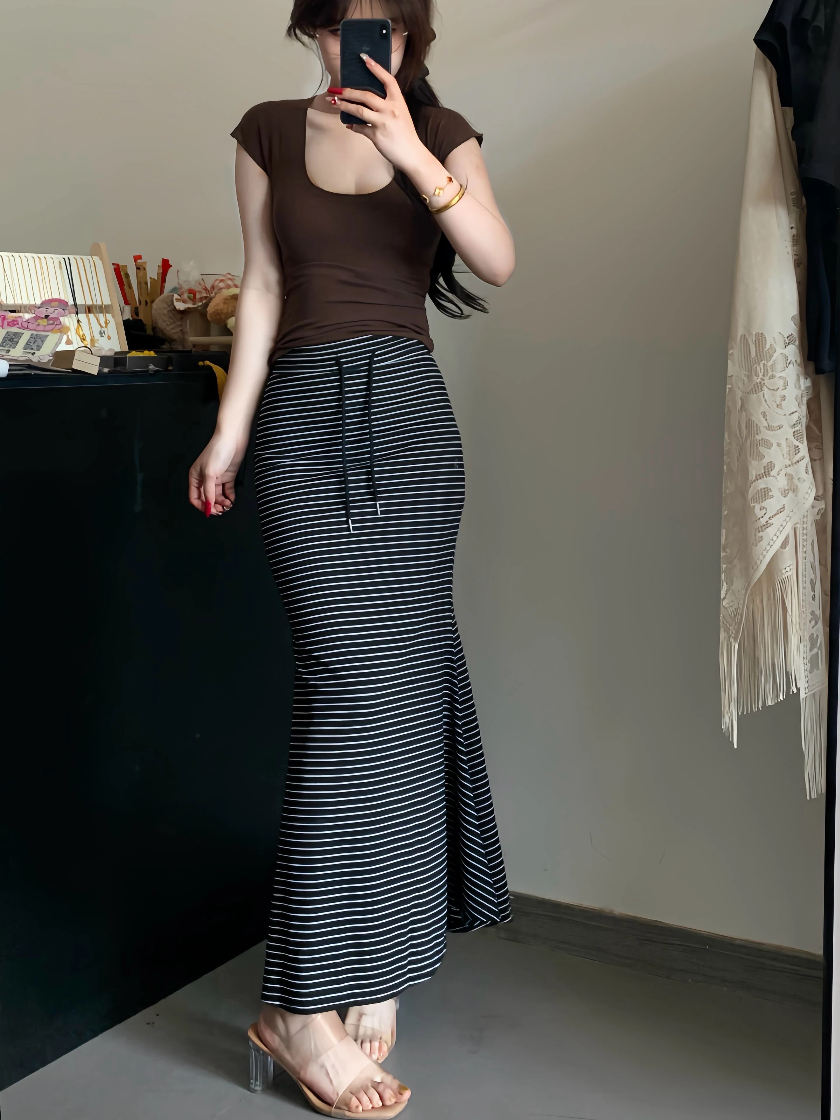 Low Waist Stripe Halter Neck  Dress Drawstring Women's Fashion Summer Short Sleeve Slim Fit Casual Style Girl's Dress
