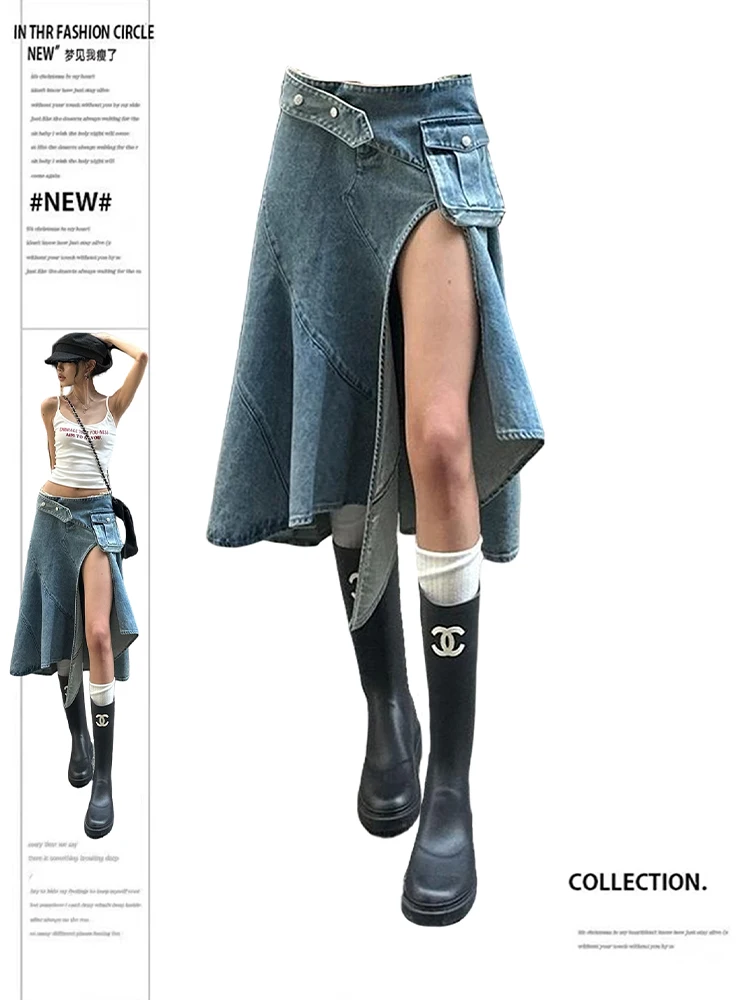 Summer Women Midi Skirt Split Harajuku Denim Skirt Gyaru 2000s Aesthetic Japanese Abi Y2k Korean Sexy Kpop Coquette Design New