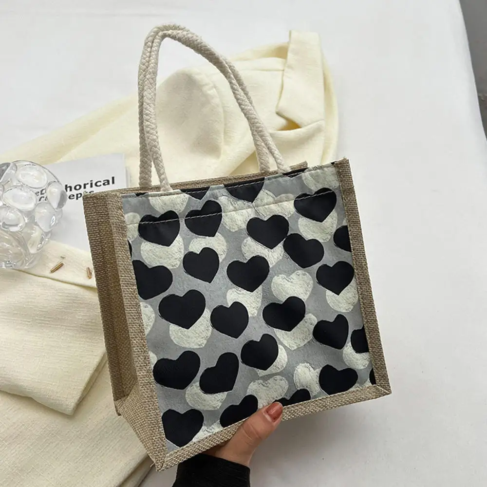 Fashion Women Linen Button/Zipper Tote Bag Love Heart Pattern Handbags Casual Female Portable Top Handle Shopping Bags Lunch Bag