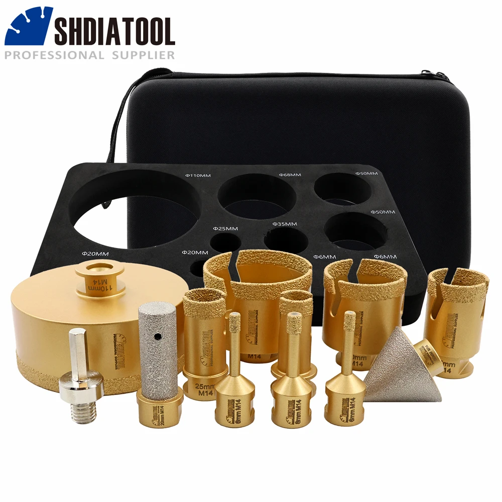 SHDIATOOL 12Pcs Diamond Drill Bits Set Dia6-110mm Hole Saw+50mm Bevelling Chamfer+20mm Milling Bits+Hex Adapter M14 Tile Bit Kit