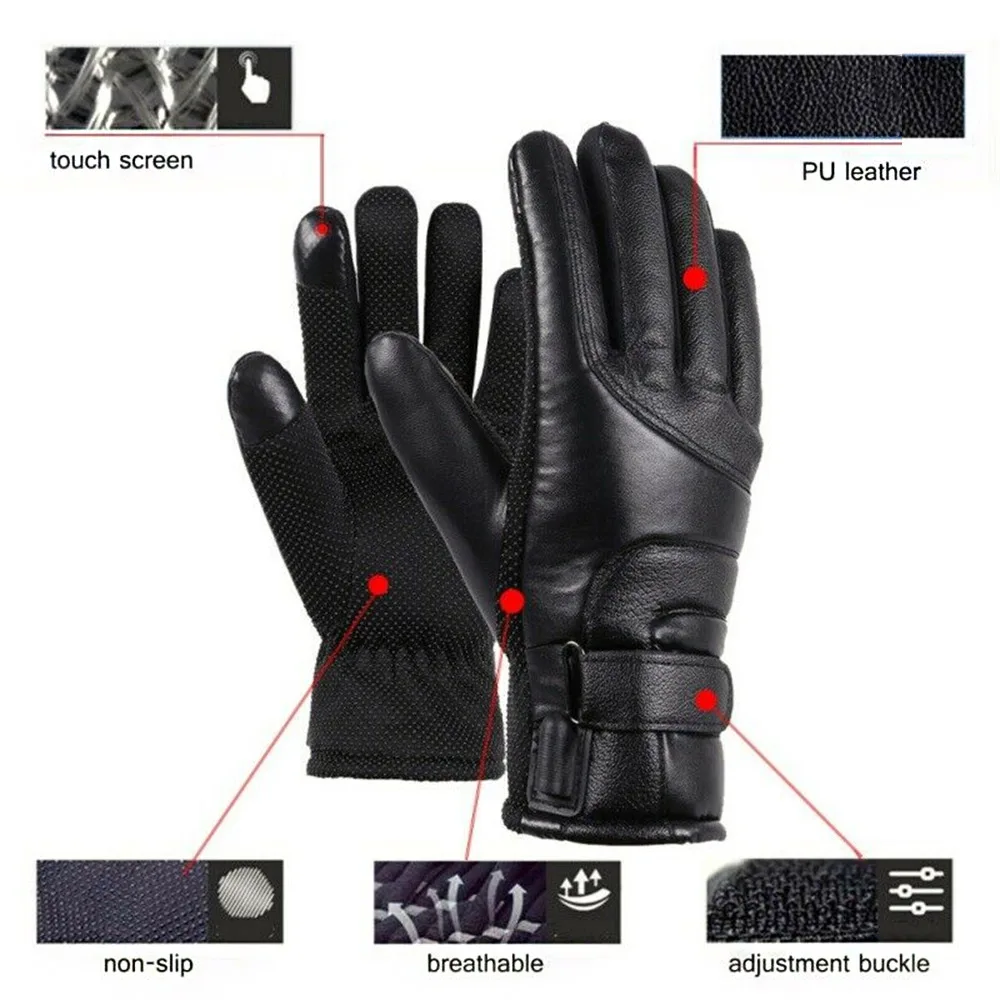 12V Electric Heating Motorcycle Gloves PU Leather Heated Gloves Waterproof Windproof Warm Winter Skiing Protection For Men Women