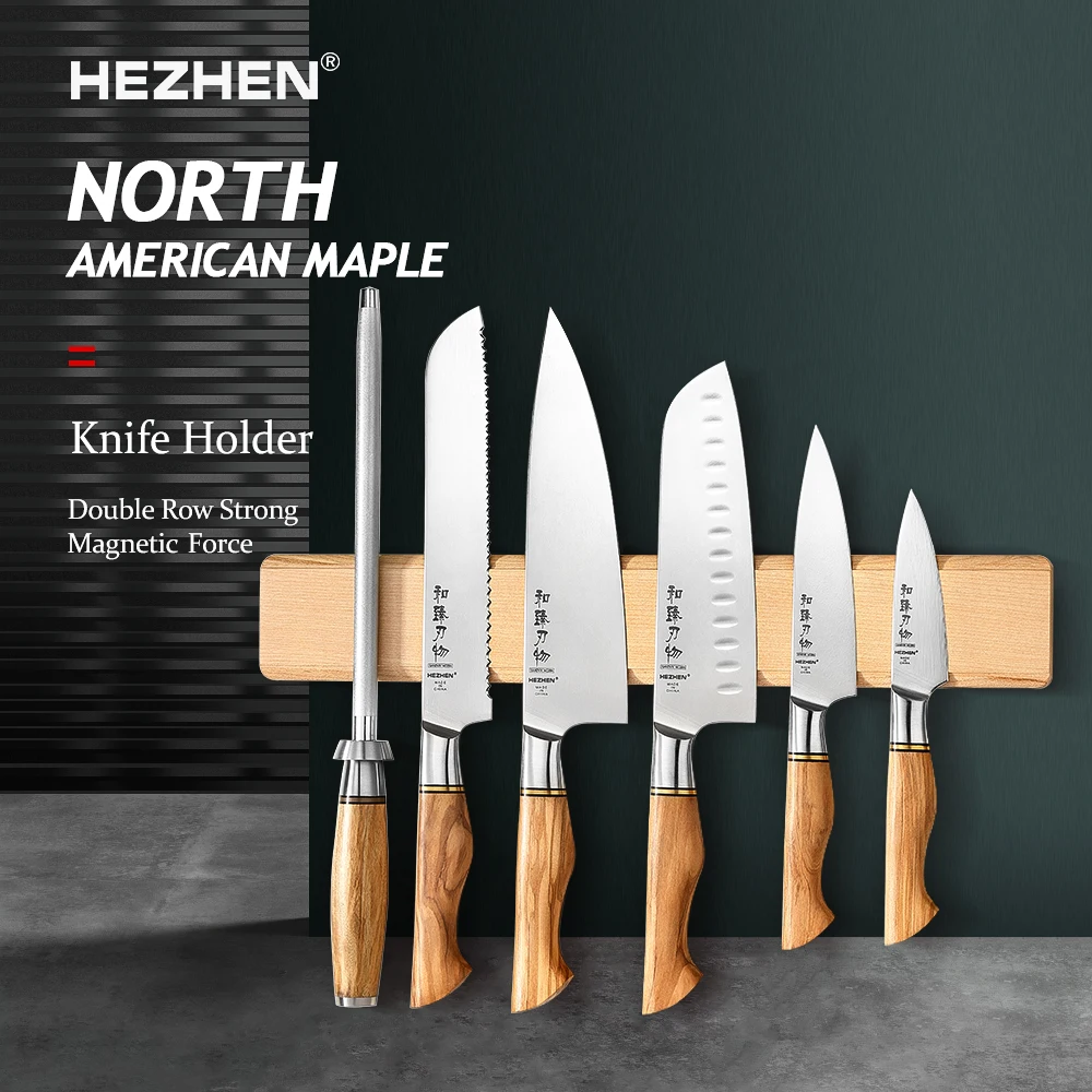 HEZHEN Magnetic Strip Knife Holder Double Row Magnetic North American Maple Suction Firm Kitchen Accessories Tool Storage